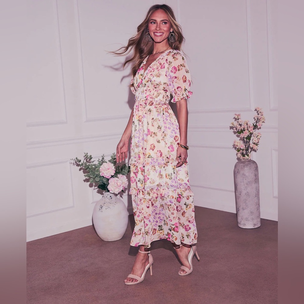 Vici Floral Midi Dress in Cream with Pink and Green Flowers